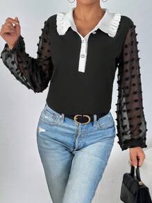 SHEIN Privé 拼接領燈籠袖半紐扣開襟襯衫 - 黑色 - 查看 1