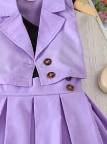 SHEIN Conjunto de falda plisada y top de tirantes con cuello asimétrico para niñas pequeñas de 3 piezas - Multicolor - Ver 6