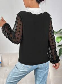 SHEIN Privé 拼接領燈籠袖半紐扣開襟襯衫 - 黑色 - 查看 2