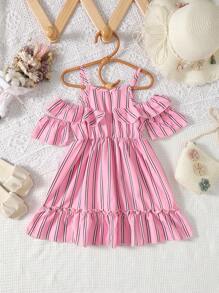 Đầm bé gái Xù Viên lá sen Sọc Dễ thương - Hồng - Xem 1