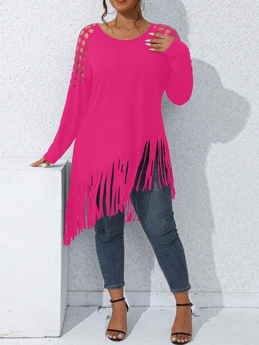 SHEIN LUNE Plus Cut Out Fringe Hem Tee - Hot Pink - View 1
