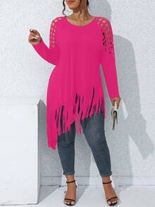 SHEIN LUNE Plus Cut Out Fringe Hem Tee - Hot Pink - View 3