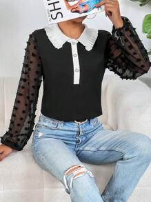 SHEIN Privé 拼接領燈籠袖半紐扣開襟襯衫 - 黑色 - 查看 6