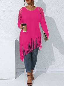 SHEIN LUNE Plus Cut Out Fringe Hem Tee - Hot Pink - View 4