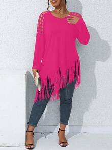 SHEIN LUNE Plus Cut Out Fringe Hem Tee - Hot Pink - View 6