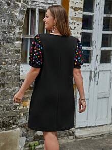 SHEIN LUNE Plus Heart Print Puff Sleeve Tee Dress - Black - View 2