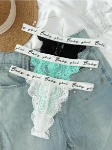 3 件装字母胶带花卉蕾丝丁字裤性感内衣 - 彩色 - 查看 2