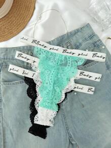3 件装字母胶带花卉蕾丝丁字裤性感内衣 - 彩色 - 查看 3