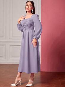 Modelyn 方領前收褶燈籠袖連衣裙 - 淡紫色 - 查看 3