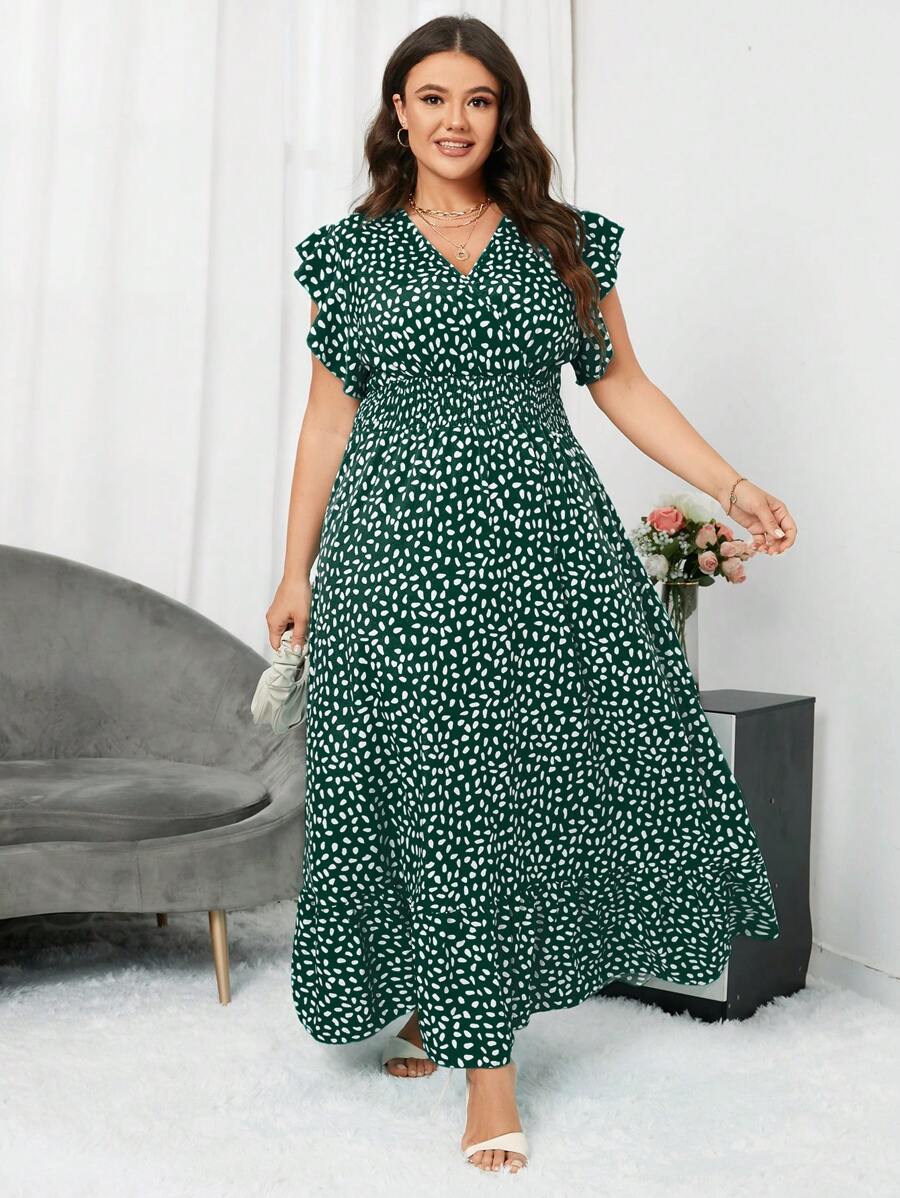 SHEIN LUNE Plus Kích Thước Đen Trắng Chấm Bi Full In Cổ Chữ V Ren Tay Kỳ Nghỉ Hè Đi Biển Thường Ngày Thanh Lịch Dài Rời Chữ A đầm - xanh quân đội - Xem 1