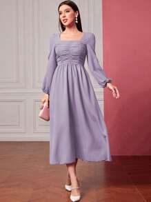 Modelyn 方領前收褶燈籠袖連衣裙 - 淡紫色 - 查看 5
