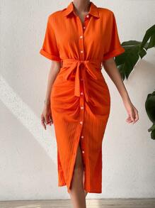 RosyDaze Ruched Button Front Belted Shirt Dress
