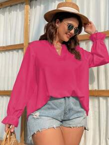 SHEIN LUNE 大碼缺口領荷葉袖襯衫 - 玫紅色 - 查看 1