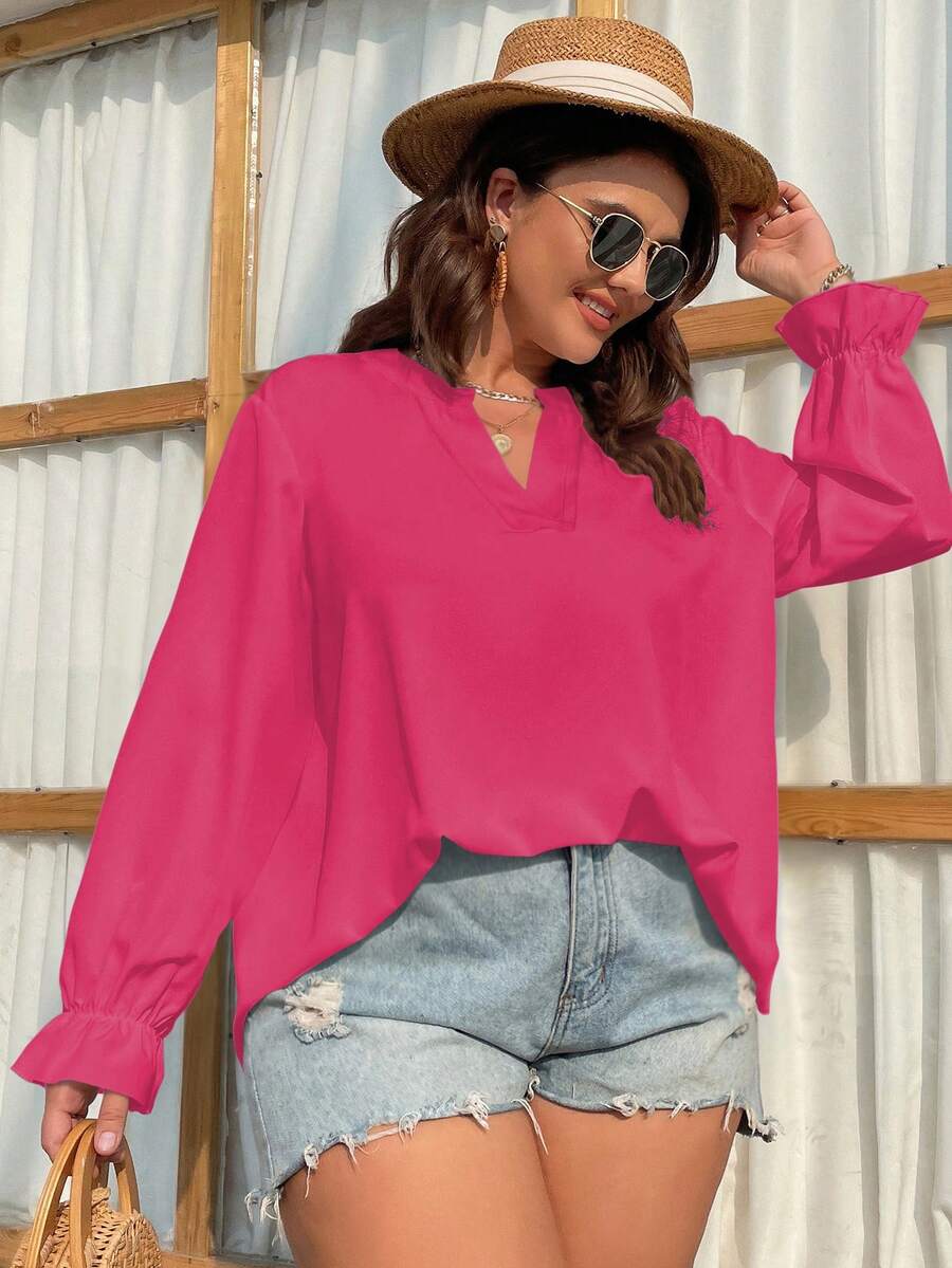 SHEIN LUNE 大碼缺口領荷葉袖襯衫 - 玫紅色 - 查看 1