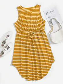 SHEIN LUNE Plus Striped Print Knot Waist Curved Hem Dress - Yellow - View 1