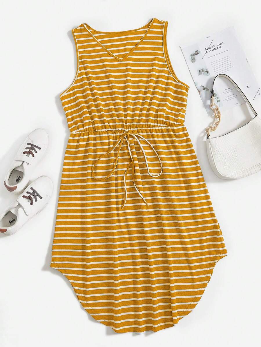 SHEIN LUNE Plus Striped Print Knot Waist Curved Hem Dress - Yellow - View 1