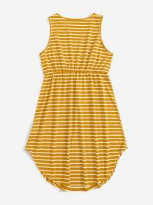 SHEIN LUNE Plus Striped Print Knot Waist Curved Hem Dress - Yellow - View 2