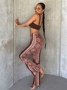 SHEIN SXY 全长针织印花弹力喇叭裤 - 棕色 - 查看 5