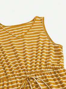 SHEIN LUNE Plus Striped Print Knot Waist Curved Hem Dress - Yellow - View 3