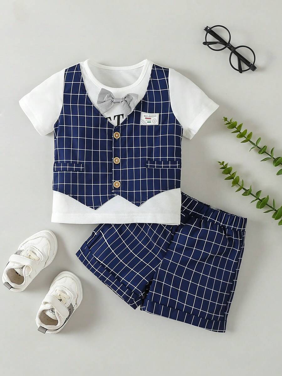 Baby Boy Plaid Print Bow Front 2 In 1 Tee & Shorts - Blue and White - View 1