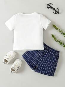 Baby Boy Plaid Print Bow Front 2 In 1 Tee & Shorts - Blue and White - View 2