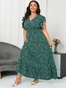 SHEIN LUNE Plus Kích Thước Đen Trắng Chấm Bi Full In Cổ Chữ V Ren Tay Kỳ Nghỉ Hè Đi Biển Thường Ngày Thanh Lịch Dài Rời Chữ A đầm - xanh quân đội - Xem 5