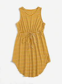 SHEIN LUNE Plus Striped Print Knot Waist Curved Hem Dress - Yellow - View 4