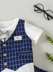 Baby Boy Plaid Print Bow Front 2 In 1 Tee & Shorts - Blue and White - View 4