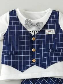 Baby Boy Plaid Print Bow Front 2 In 1 Tee & Shorts - Blue and White - View 5