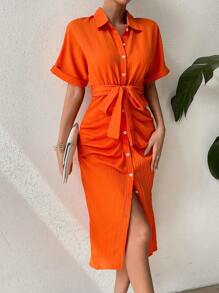 RosyDaze Ruched Button Front Belted Shirt Dress