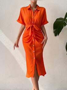 RosyDaze Ruched Button Front Belted Shirt Dress