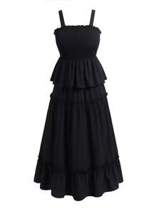 Celure unicolor bajo con fruncido Top de tirantes & Falda - Negro - Ver 1