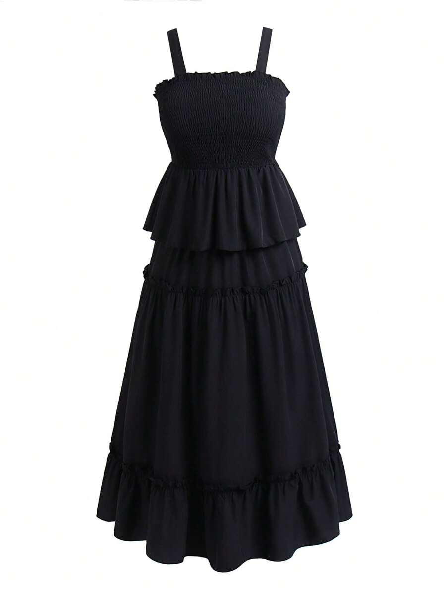 Celure unicolor bajo con fruncido Top de tirantes & Falda - Negro - Ver 1