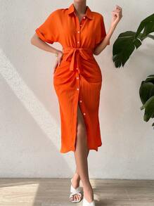 RosyDaze Ruched Button Front Belted Shirt Dress