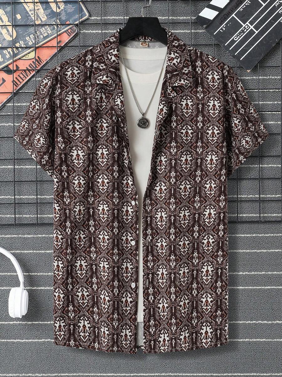 男士滿版印花襯衫不帶T恤 - 棕色 - 查看 1