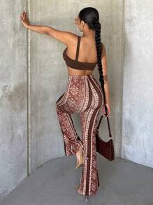 SHEIN SXY 全长针织印花弹力喇叭裤 - 棕色 - 查看 3