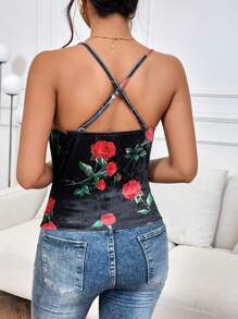 SHEIN Privé Floral Print Draped Collar Cami Top - Black - View 4