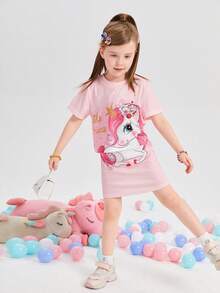 SHEIN 少女淺粉紅字母印花卡通獨角獸圓領T恤常規袖短褲兩件套夏季 - 淺粉色 - 查看 6