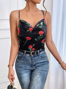 SHEIN Privé Floral Print Draped Collar Cami Top - Black - View 6