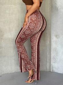 SHEIN SXY 全长针织印花弹力喇叭裤 - 棕色 - 查看 1