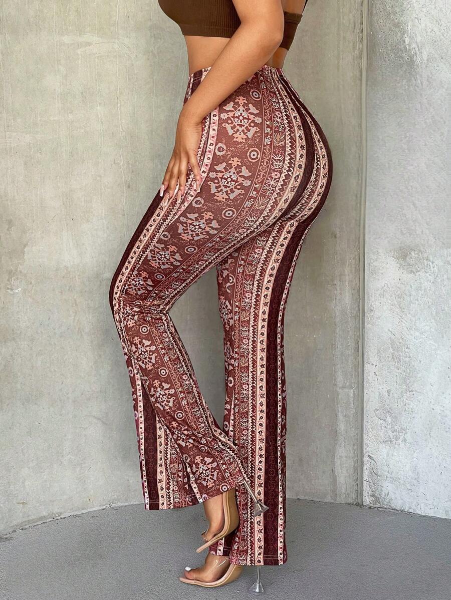 SHEIN SXY 全长针织印花弹力喇叭裤 - 棕色 - 查看 1