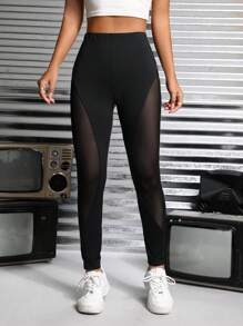 SHEIN PETITE 網紗拼接高腰緊身打底褲 - 黑色 - 查看 3