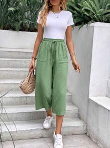 SHEIN Frenchy Quần dài mùa hè vải họa tiết Earthy dành cho nữ, vải thoáng khí, dáng rộng, phong cách thường ngày, thoải mái và thoáng khí, thích hợp mặc đi làm hàng ngày, mặc đi nghỉ - Màu xanh Bạc hà - Xem 1
