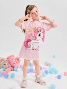 SHEIN 少女淺粉紅字母印花卡通獨角獸圓領T恤常規袖短褲兩件套夏季 - 淺粉色 - 查看 4