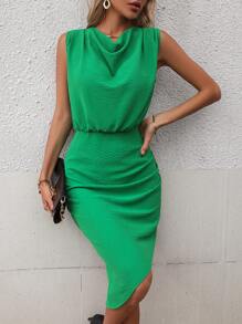 SHEIN Clasi 素色不對稱下擺連衣裙 - 綠色 - 查看 4