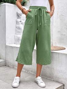 SHEIN Frenchy Quần dài mùa hè vải họa tiết Earthy dành cho nữ, vải thoáng khí, dáng rộng, phong cách thường ngày, thoải mái và thoáng khí, thích hợp mặc đi làm hàng ngày, mặc đi nghỉ - Màu xanh Bạc hà - Xem 3