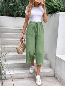 SHEIN Frenchy Quần dài mùa hè vải họa tiết Earthy dành cho nữ, vải thoáng khí, dáng rộng, phong cách thường ngày, thoải mái và thoáng khí, thích hợp mặc đi làm hàng ngày, mặc đi nghỉ - Màu xanh Bạc hà - Xem 5