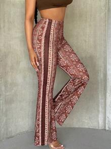 SHEIN SXY 全长针织印花弹力喇叭裤 - 棕色 - 查看 7