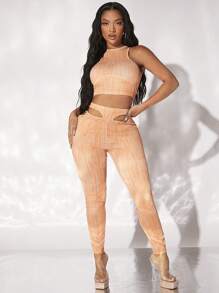 SHEIN SXY 條紋圖案短款背心和腰部鏤空緊身打底褲 - 橘色 - 查看 1