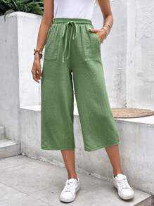 SHEIN Frenchy Quần dài mùa hè vải họa tiết Earthy dành cho nữ, vải thoáng khí, dáng rộng, phong cách thường ngày, thoải mái và thoáng khí, thích hợp mặc đi làm hàng ngày, mặc đi nghỉ - Màu xanh Bạc hà - Xem 6